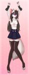 accessory anthro black_hair bottomwear bow_(feature) bow_accessory bow_ribbon centered_hair_bow clothed clothing disembodied_hand duo female fur hair hair_accessory hair_bow hair_ribbon legwear open_mouth purple_eyes ribbons school_uniform shirt simple_background skirt solo_focus standing stockings tongue topwear uniform white_body white_fur peachick aggie arctic_fox canid canine fox mammal true_fox 2017 digital_media_(artwork) hi_res