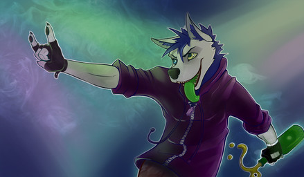 alcohol anthro beer beverage black_pawpads blue_hair bottle bottomwear brown_bottomwear brown_clothing brown_pants clothing container dancing devil_horns_(gesture) drunk fingerless_gloves fur gesture gloves green_tongue grey_body grey_fur hair hand_gesture handwear heterochromia holding_bottle holding_container holding_object hoodie male nightclub pants pawpads rave smile solo spill substance_intoxication tongue topwear zipper neon_(artist) canid canine mammal cool_colors hi_res