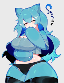 anthro arm_under_breasts bangs big_breasts blue_hair breasts cleavage clothed clothing curvy_figure eyes_closed female hair long_hair mouth_closed solo thick_thighs voluptuous togetoge nintendo pokemon generation_1_pokemon mammal pokemon_(species) snorlax 2023 hi_res