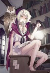 ambiguous_gender animal_on_shoulder barefoot bird_on_shoulder book bookmark bookshelf braided_hair clothed clothing duo feet female feral furniture hair humanoid_pointy_ears lamp lantern long_hair mouth_hold pointy_ears sitting white_hair yellow_eyes mattaku_mosuke mattaku_mousuke avian bird elf humanoid owl