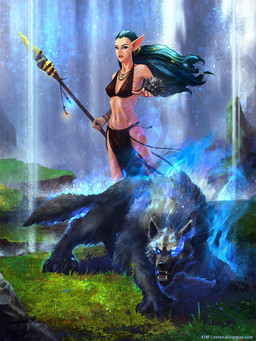 ambiguous_gender angry bottomwear bra claws clothing duo female feral fur glowing glowing_body glowing_eyes grass green_hair grey_body grey_fur hair holding_object holding_staff humanoid_pointy_ears loincloth looking_at_viewer magic navel open_mouth plant pointy_ears staff standing tail tattoo text underwear water waterfall artyom_kim canid elf humanoid mammal 2013 3:4 digital_media_(artwork) url