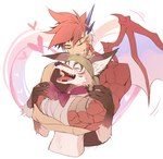 anthro brown_body brown_fur duo eyes_closed fur heart_symbol hug hugging_another hugging_from_behind kerchief male navel red_body red_scales scales smile tan_body tan_fur ge5ajtqitgcpx0m anothereidos_of_dragon_vein_r mythology amorey gaia_(anothereidos_r) canid dragon human hybrid japanese_kobold kobold mammal mythological_creature mythological_scalie scalie absurd_res hi_res