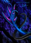 ambiguous_gender anthro black_tail blue_tail cave duo entwined_tails feral gesture glowing heart_symbol night plant rock tail tail_coil tail_gesture tail_heart tree zero_pictured selianth mythology dragon mythological_creature mythological_scalie scalie