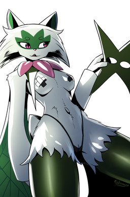 anthro biped black_clothing black_panties black_underwear breasts clothing facial_markings female female_anthro fluffy fur genitals green_body green_fur head_markings head_tuft holding_mask light markings mask mask_(marking) mask_off mask_removed maskless medium_breasts multicolored_body multicolored_fur navel nipple_tape panties pasties pink_eyes pink_nose pseudo_clothing pseudo_clothing_removed scut_tail shadow short_tail simple_background solo tail tape thick_thighs translucent translucent_clothing translucent_panties translucent_underwear tuft underwear unmasked unmasking vulva white_background wide_hips gatonejo nintendo pokemon generation_9_pokemon meowscarada pokemon_(species) 2026 absurd_res hi_res