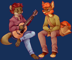acoustic_guitar anthro duo guitar male musical_instrument playing_guitar playing_music plucked_string_instrument simple_background string_instrument tail toasteh transparent_background unknown_artist akita canid canine canis domestic_dog mammal mustelid otter spitz alpha_channel unavailable_at_source