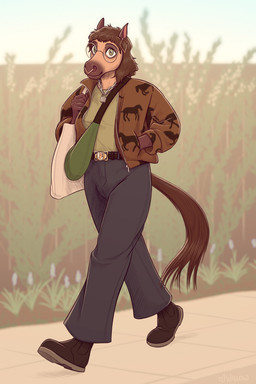anthro bag belt_buckle boots bottomwear buckle chain_necklace clothing crossbody_bag ear_piercing ear_ring eyewear facial_piercing female flower footwear glasses jacket jewelry looking_at_viewer necklace nose_piercing outside padlocked_collar pants piercing plant ring_piercing septum_piercing shoes sidewalk solo topwear tote_bag glopossum willow_(glopossum) equid equine horse mammal digital_media_(artwork) hi_res