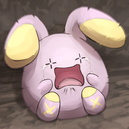 ambiguous_gender bodily_fluids cave crying featureless_arms featureless_feet feet floppy_ears multicolored_body multicolored_ears open_mouth pink_tongue purple_body purple_ears rock sitting solo tears tongue two_tone_body two_tone_ears yellow_body yellow_ears spicyichizo nintendo pokemon generation_3_pokemon pokemon_(species) waddling_head whismur 1:1 2026 absurd_res hi_res shaded