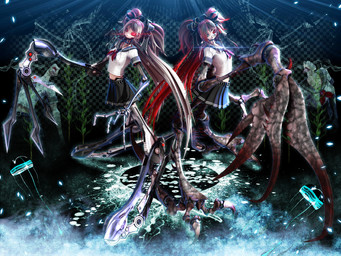 3_fingers abstract_background asian_clothing belt bottomwear claws clothing duo east_asian_clothing female fingers glowing glowing_eyes hair japanese_clothing japanese_school_uniform jewelry lens_flare long_arms long_hair long_legs looking_at_viewer machine midriff navel necklace pleated_skirt red_eyes red_hair school_uniform serafuku skeletal_arm skirt spikes spikes_(anatomy) square_crossover standing twintails_(hairstyle) uniform deino_(artist) deino_(modeler) bacterial_contamination_(song) mathru calne_ca nato-kun ambient_jellyfish ambient_sealife animal_humanoid aquatic aquatic_humanoid arthropod arthropod_humanoid biomechanical crab_humanoid crustacean crustacean_humanoid humanoid isopod malacostracan robot robot_humanoid 3d_(artwork) 4:3 autodesk_3ds_max_(artwork) digital_media_(artwork) full-length_portrait portrait