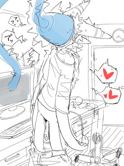 after_transformation ambiguous_gender anthro chair computer desk electronics forced furniture heart_symbol inside keyboard mind_control office_chair solo table tube juutton deltarune undertale_(series) canid canine mammal werewire hi_res