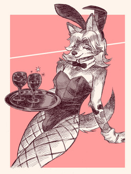 accessory anthro biped bow_tie bunny_costume clothing container costume cup drinking_glass fake_ears fake_rabbit_ears fangs female fishnet_clothing fishnet_leggings fishnet_legwear glass glass_container glass_cup gloves handwear headband holding_container holding_cup holding_drinking_glass holding_object holding_tray holding_wine_glass leggings legwear leotard lingerie looking_at_viewer markings solo spots spotted_body teddy_(clothing) teeth wine_glass bonnie_guerra canid mammal absurd_res hi_res restricted_palette sketch