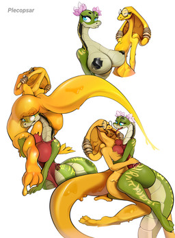 anthro anthrofied big_breasts blue_eyes blush breasts butt clothed clothing duo eyewear featureless_crotch female female/female food glasses grey_eyes honey_(food) markings nipple_tape pasties scales simple_background slim tape tongue tongue_out white_background wide_hips plecopsar dreamworks kung_fu_panda fora master_viper goo_creature reptile scalie snake viper absurd_res hi_res shaded