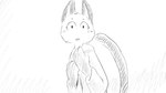 16:9 animal_crossing anthro blush clothed clothing dialogue_in_description domestic_cat dragonweirdo felid feline felis female greyscale hi_res mammal markings mole_(marking) monochrome nintendo olivia_(animal_crossing) solo surprise wide_eyed widescreen