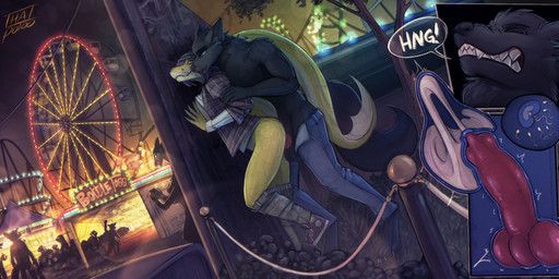 amusement_park amusement_ride animal_genitalia animal_penis anthro anthro_on_anthro anthro_penetrated anthro_penetrating anthro_penetrating_anthro balls beanie bite biting_lip black_body black_fur bodily_fluids canine_genitalia canine_penis cervical_contact cervix clenched_teeth clothed clothed_sex clothing cum cum_in_uterus cum_in_vagina cum_inside cumshot detailed_background duo ejaculation erection eyes_closed fangs female female_penetrated ferris_wheel flannel fur genital_fluids genitals hair hat headgear headwear impregnation internal internal_vaginal interspecies interspecies_impregnation knot knotted_penis knotting looking_pleasured male male/female male_penetrating male_penetrating_female orgasm_face ovum penetration penile penile_penetration penis purple_hair sex sharp_teeth shirtless_anthro shirtless_male smile sperm_cell standing standing_sex tail tail_over_shoulder teeth thick_tail uterus vaginal vaginal_knotting vaginal_penetration yellow_body yellow_skin thatpotoo exa_(thatpotoo) steve_gilman aquatic canid canine canis fish mammal shark wolf hi_res