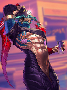 abs beverage_can blurred_background clothing eyeless feathers groovytaxi lens_flare male not_furry shirt solo standing teeth topwear styanax_(warframe) warframe_(species) absurd_res digital_media_(artwork) hi_res