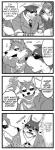 anthro blush bodyguard eating eyewear food male meat muscular muscular_male sunglasses text simamanta lifewonders tokyo_afterschool_summoners garmr_(tas) xolotl_(tas) canid canine canis dobermann domestic_dog mammal pinscher comic english_text hi_res monochrome translated