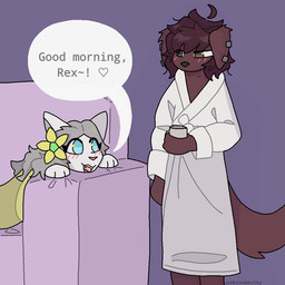 accessory anthro blue_eyes blush brown_body brown_fur brown_hair clothing container cup dialogue duo ear_piercing exclamation_point female floppy_ears flower flower_in_hair fur furniture grey_hair hair hair_accessory happy holding_container holding_cup holding_mug holding_object looking_up_at_partner male male/female mug piercing plant robe sofa sweater text topwear white_body white_clothing white_fur white_robe yellow_clothing yellow_sweater yellow_topwear ashblondekittyy rex_(ashblondekittyy) yuna_(ashblondekitty) canid canine canis domestic_cat domestic_dog felid feline felis mammal 1:1 2025 digital_media_(artwork) english_text trans_(lore) trans_man_(lore) trans_woman_(lore)