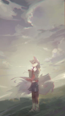 anthro black_body black_fur blue_eyes bottomwear cheek_tuft clothed clothing cloud facial_tuft fur grey_body grey_clothing grey_fur grey_tail grey_topwear leg_markings male markings mouth_closed multicolored_body multicolored_fur outside red_clothing red_topwear sky socks_(marking) solo standing tail three-quarter_view topwear tuft unsigned white_body white_fur white_tail carbonizedaki canid canine canis mammal wolf 9:16 full-length_portrait portrait
