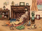 ambiguous_gender black_hair book carpet clothed clothing curtains female feral fireplace fur group hair pillow quadruped rocking_chair tail window koike_09 nintendo pokemon generation_5_pokemon herdier human lillipup mammal pokemon_(species) stoutland 2015