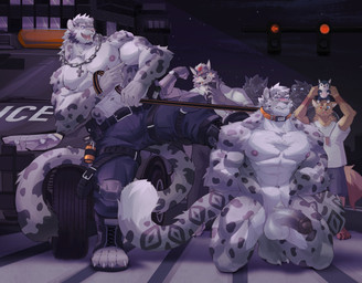 abs anthro balls barazoku bdsm beard being_watched blush body_hair bottomwear car chain_necklace chest_hair clenched_teeth clothed clothing collar embarrassed facial_hair flexing flexing_bicep foot_on_shoulder foreskin front_view genitals group half-erect holding_leash holding_object humanoid_genitalia humanoid_penis humiliation jewelry kneeling leash leashed_collar looking_at_another male male/male necklace night nude on_road open_mouth open_smile partially_retracted_foreskin penis pesc public public_humiliation public_nudity selfie shirt shorts smile smirk standing teeth topless topwear vehicle hamjiuzai canid canine canis felid mammal pantherine snow_leopard wolf hi_res