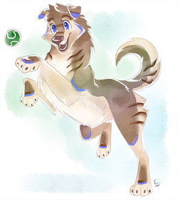 4_toes ball bent_legs blue_ear_tips blue_eyes blue_markings brown_body brown_claws brown_eyebrows brown_fur brown_markings brown_nose brown_tail brown_tongue claws dipstick_ears ear_markings eyebrows feet female female_feral feral floppy_ears fur green_background light logo markings multicolored_body multicolored_ears multicolored_fur multicolored_tail open_mouth open_smile paws sharp_teeth simple_background smile solo tail tan_body tan_fur tan_tail teeth tennis_ball toe_claws toes tongue gaelfox dew_(rackofribs) bird_dog canid canine canis domestic_dog golden_retriever hunting_dog hybrid mammal retriever shiba_inu spitz wolf 2014 artist_logo colored digital_media_(artwork) digital_painting_(artwork) english_description hi_res lighting painting_(artwork) shaded female_(lore)