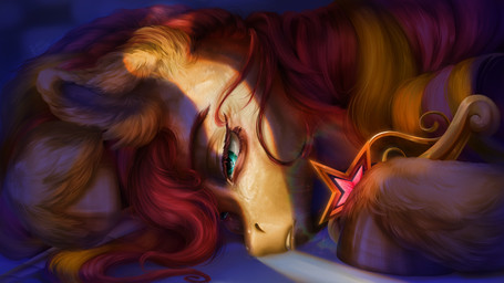 blonde_mane brown_hooves crown feathering female female_feral feral fur headgear hooves horn lying mane red_mane sad solo tiara yellow_body yellow_fur rayrage equestria_girls hasbro mlp_g4 my_little_pony mythology sunset_shimmer_(eg) equid equine mammal mythological_creature mythological_equine unicorn 16:9 2025 colored digital_media_(artwork) digital_painting_(artwork) english_description hi_res painting_(artwork) shaded widescreen