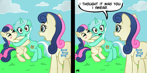 awkward blue_eyes blush clone cutie_mark dialogue female female/female feral group half-closed_eyes horn kissing multiple_positions narrowed_eyes o_o quadruped surprised tail text walk-in yellow_eyes megasweet friendship_is_magic hasbro my_little_pony mythology bonbon_(mlp) lyra_heartstrings_(mlp) nobnob_(mlp) earth_pony equid equine horse mammal mythological_creature mythological_equine pony unicorn 2:1 comic digital_media_(artwork) english_text hi_res reaction_image