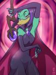 4_fingers anthro armwear cape cloak clothing dress elbow_gloves female fingerless_gloves fingers gloves green_body half-closed_eyes handwear narrowed_eyes scepter solo v_bangs zenmigawa disney ducktales ducktales_(2017) magica_de_spell anatid anseriform avian bird duck 3:4 hi_res