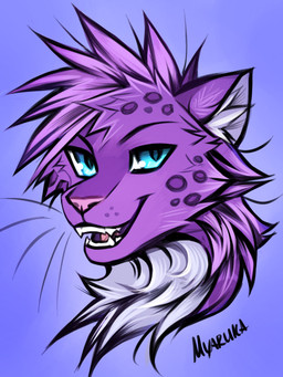 ambiguous_form blue_eyes fur looking_at_viewer markings open_mouth purple_body purple_fur simple_background solo spots spotted_body spotted_fur teeth tongue myarukawolf felid feline leopard mammal pantherine 2022 3:4 absurd_res digital_media_(artwork) hi_res