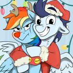 antlers cutie_mark duo female feral happy holidays horn hug male male/female unimpressed wings rutkotka christmas friendship_is_magic hasbro my_little_pony mythology rudolph_the_red-nosed_reindeer santa_claus soarin_(mlp) wonderbolts_(mlp) equid equine horse mammal mythological_creature mythological_equine pegasus pony 1:1