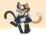 anthro armwear black_body black_fur blonde_hair blush clothing dress duo elbow_gloves eyes_closed eyewear femboy fur glasses gloves grey_body grey_fur grey_hair hair handwear kiss_on_lips kissing latex latex_armwear latex_clothing latex_dress latex_elbow_gloves latex_gloves latex_handwear latex_legwear latex_thigh_highs legwear maid_uniform male male/male orange_background orange_body orange_fur simple_background standing thigh_highs uniform wearing_glasses white_background lettuce_(artist) animal_crossing nintendo leochingu raymond_(animal_crossing) domestic_cat felid feline felis mammal 2022
