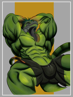 abs anthro biceps big_muscles black_bottomwear black_clothing black_shorts bottomwear clothed clothing eyes_closed green_body green_hair hair hands_behind_head lounging male muscular muscular_anthro muscular_arms muscular_male muscular_thighs obliques pecs serratus shorts solo tail tight_bottomwear tight_clothing tight_shorts topless acrux iguana iguanid lizard reptile scalie hi_res