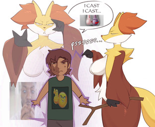 anthro balls biped black_body breasts brown_hair dialogue duo emoji featureless_breasts female fingers fur genitals hair inner_ear_fluff male multicolored_body multicolored_fur orange_body orange_fur orange_nose red_body red_fur speech_bubble tail testicular_torsion text tuft yellow_body yellow_fur yellow_tail svkhaiminh nintendo pokemon delphox generation_6_pokemon human mammal pokemon_(species) hi_res