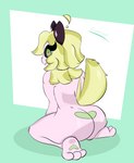 anthro big_butt black_rhinophores blonde_hair butt curled_hair ears_up feet femboy fluffy fluffy_tail fur green_eyes hair heart_(marking) looking_at_viewer looking_back male markings neck_tuft pink_body rhinophores solo tail thick_thighs tuft white_body wide_hips yellow_tail yellow_tuft hi_res