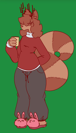 ambiguous_gender anthro antlers container countershade_fur countershading cup fur green_background hair holding_container holding_cup holding_mug holding_object horn long_tail looking_aside mug simple_background simple_eyes solo standing tail lumpy_(artist) raccalope