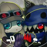 blue_eyes clothing duo eyewear goggles hat hazard_symbol headgear headwear heart_symbol hoodie looking_at_viewer pawpads paws red_eyes symbol topwear bandai_namco digimon appmon_(species) canid canine canis digimon_(species) domestic_dog hackmon_(appmon) mammal offmon 1:1