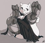 3_toes anthro big_feet blush clothing curvy_figure cute_fangs dressing eyelashes fangs feet female foot_focus garter_straps horn legs_up legwear nylon nylons paws putting_on_socks robe small_horn solo stockings teeth thick_thighs thigh_highs toes wrinkles stormdragonblue undertale undertale_(series) toriel bovid caprine goat mammal hi_res monochrome