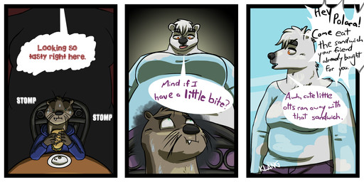4_panel_comic 5_fingers anthro arms_bent asking asking_another bangs black_border black_eyebrows black_lips black_nose blue_clothing blue_hoodie blue_shirt blue_topwear bodily_fluids border bottomwear breasts brown_body brown_fur chair claws clothed clothed_anthro clothed_female clothed_male clothing crumbs dialogue duo eyebrows eyes_closed fangs female female_anthro finger_claws fingers food fully_clothed fully_clothed_anthro fully_clothed_female fur furniture hair holding_food holding_object holding_sandwich hoodie larger_anthro larger_female leaning_on_table light lips logo looking_at_another looking_down looking_down_at_another looking_up_at_another low-angle_view male male_anthro multicolored_body multicolored_fur musical_note musical_symbol name_in_dialogue nervous nervous_sweat no_pupils offscreen_character ominous on_chair onomatopoeia open_mouth open_smile orange_eyes overweight overweight_anthro overweight_female pants pink_tongue plate pockets purple_bottomwear purple_clothing purple_pants sandwich_(food) scared shirt short_hair simple_background sitting sitting_on_chair size_difference smaller_anthro smaller_male smile smiling_at_another sound_effects speech_bubble sweat symbol table tan_claws teeth text thick_bottom_lip thick_eyebrows tongue topwear two_tone_body two_tone_fur whiskers white_body white_fur white_hair yelling yellow_background skywater otie_tihmedd polara_saye bear mammal mustelid otter polar_bear ursine 2023 absurd_res artist_logo cel_shading colored comic digital_media_(artwork) english_description english_text hi_res lighting shaded simple_shading