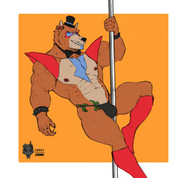 alternate_species anthro bulge clothing furrification hat headgear headwear male muscular muscular_anthro muscular_male nipples pole shoulder_pads solo stripper_pole thong top_hat underwear lazzyd0g five_nights_at_freddy's five_nights_at_freddy's:_security_breach scottgames steel_wool_studios glamrock_freddy bear mammal hi_res