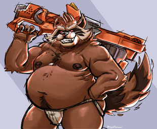 4_fingers anthro belly big_belly brown_body clothing fingers jockstrap male moobs musclegut muscular muscular_anthro muscular_male navel nipples overweight overweight_male simple_background solo underwear weapon said_the_saisio guardians_of_the_galaxy marvel marvel_rivals rocket_raccoon mammal procyonid raccoon 2025 absurd_res hi_res