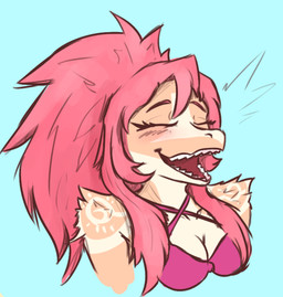 anthro arm_tattoo blue_background blush bra breasts clothing eyes_closed female front_view hair happy laugh long_hair medium_breasts non-mammal_breasts open_mouth open_smile pink_bra pink_clothing pink_hair pink_underwear sharp_teeth shoulder_tattoo simple_background smile solo tan_body tattoo teeth underwear synthawk cavemanon_studios volcaldera_ashfall ashley_(volcaldera_ashfall) dinosaur dromaeosaurid prehistoric_species reptile saurischian scalie theropod bust_portrait colored portrait shaded