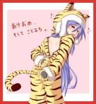 akeome blue_hair blush bodily_fluids clothing costume dressing female fursuit hair holidays human_only markings not_furry not_furry_wearing_fursuit paws solo striped_markings striped_tail stripes tail tail_markings tears tiger_costume tiger_tail zipper tatsuno_ryou lucky_star new_year konata_izumi human mammal grandfathered_content