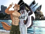 abs anthro black_body black_fur bottomwear breasts brown_body brown_fur building clothed clothed_anthro clothed_female clothed_male clothing digit_ring duo fangs female finger_ring fur gesture hair hand_gesture husband_and_wife jewelry male male/female married_couple navel nipples open_mouth open_smile pants pecs pink_nose ring shirt smile sydney_opera_house teeth tongue tongue_out topless topless_anthro topless_male topwear v_sign water wedding_ring white_body white_fur white_hair zcorpionwulf sonya_mayers wes_kendalls mammal mephitid mustelid musteline skunk true_musteline weasel dated hi_res signature