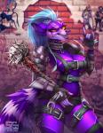 amber_eyes anthro blood blue_hair bodily_fluids breasts clothed clothing eyelashes female fur hair holding_object holding_weapon purple_body purple_fur purple_nose smile solo tail teeth weapon sorafoxyteils vault_boy mammal procyonid raccoon 2018 digital_media_(artwork)