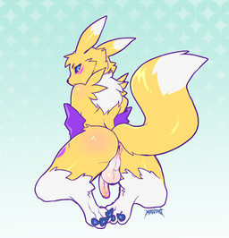 anthro anus armwear balls black_sclera blue_eyes bridal_gauntlets butt clothing elbow_gloves fox_tail fur genitals gloves handwear humanoid_genitalia humanoid_penis kneeling leg_markings looking_at_viewer looking_back male markings mostly_nude mostly_nude_anthro mostly_nude_male penis raised_tail rear_view simple_background solo tail thigh_markings tuft white_body white_fur yellow_body yellow_fur yin_yang masvino bandai_namco digimon canid canine digimon_(species) fox mammal renamon digital_media_(artwork) hi_res