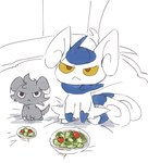 >:( angry displeased duo feral food frown salad yellow_eyes winte nintendo pokemon espurr felid feline generation_6_pokemon mammal meowstic pokemon_(species) hi_res sketch