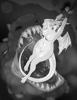 anthro areola arms_above_head arms_tied bdsm bodily_fluids bondage bound breasts detailed_background female feral genitals horn imminent_vore macro membrane_(anatomy) membranous_wings navel nipples non-mammal_breasts non-mammal_hair non-mammal_navel non-mammal_nipples non-mammal_vulva open_mouth restrained restrained_arms restrained_by_tentacles restraints rope rope_bondage saliva sharp_teeth size_difference tail tail_tuft teeth tentacles tongue tuft vore vulva wings dalipuff mythology dragon mythological_creature mythological_scalie scalie digital_media_(artwork) greyscale hi_res monochrome
