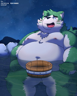 anthro bathing belly big_belly convenient_censorship detailed_background green_body kemono male moobs navel night nipples outside overweight overweight_male sitting solo star water debudave_12 lifewonders live_a_hero mokdai canid canine canis domestic_dog mammal 2024 4:5 absurd_res hi_res