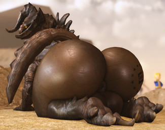 all_fours anthro anus balls big_balls big_butt branded butt genitals horn huge_butt looking_back male nude outside puffy_anus sand solo tail thick_tail yellow_eyes willie_piv fallout microsoft enclaw_(willie_piv) vault_boy deathclaw scalie 3d_(artwork) digital_media_(artwork)