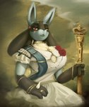 4_fingers anthro armband big_breasts blue_body blue_fur breasts choker clothed clothing detailed_background digit_ring dress ear_piercing female finger_ring fingers flower fur holding_object jewelry necklace piercing plant puffy_sleeves red_eyes ring rose_(flower) sash scepter sitting solo spikes spikes_(anatomy) sagaris_uwu nintendo pokemon canid canine generation_4_pokemon lucario mammal pokemon_(species) 2023 hi_res portrait