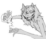 2024 anthro black_body black_fur bottle claws container devious drugs fangs female fur hair holding_bottle holding_container holding_object humanoid long_fingers mammal missy_(napalm_express) monochrome monster pills simple_background sketch smekbo smiley_face teeth text wolficus